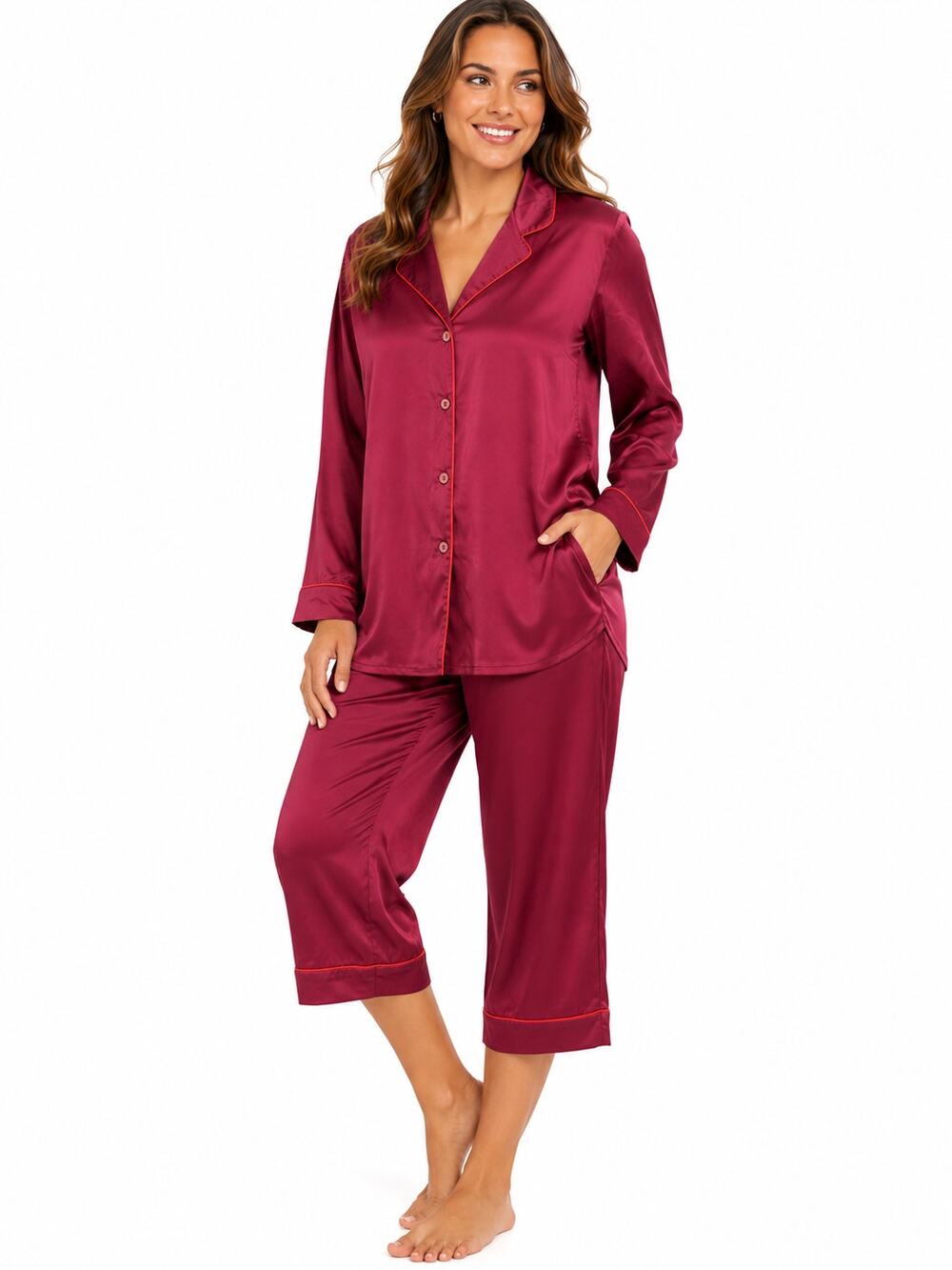 The Pioneer Woman XL Satin Pajama Set Berry Red Button Front Top Cropped Pants